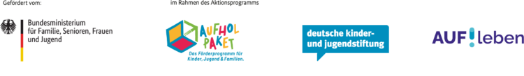 Logos vom Bundesministerium für Familie, Aufholpaket Förderprogramm, Deutsche Kinder- und Jugendstiftung, aufleben